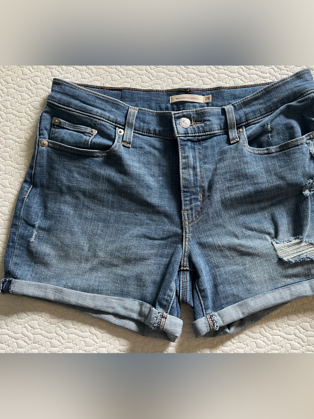 Signature by Levi Strauss Distressed Mid Blue Roll-Cuff Jean Shorts